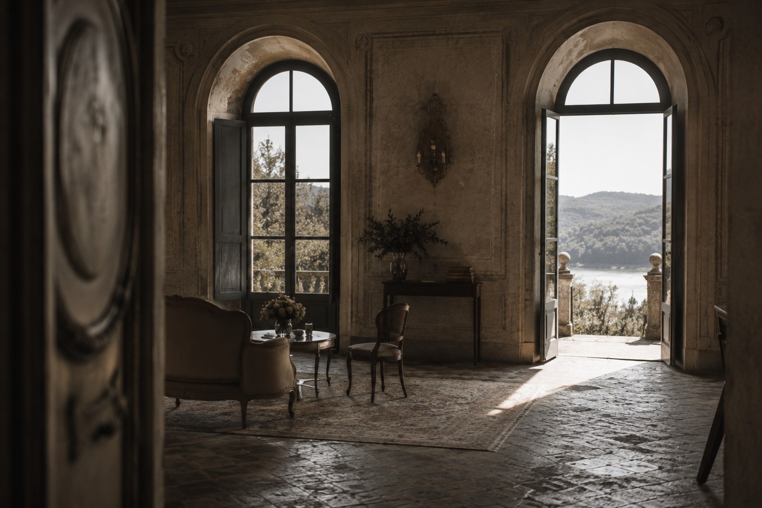 Interno di una venue con vista sul paesaggio